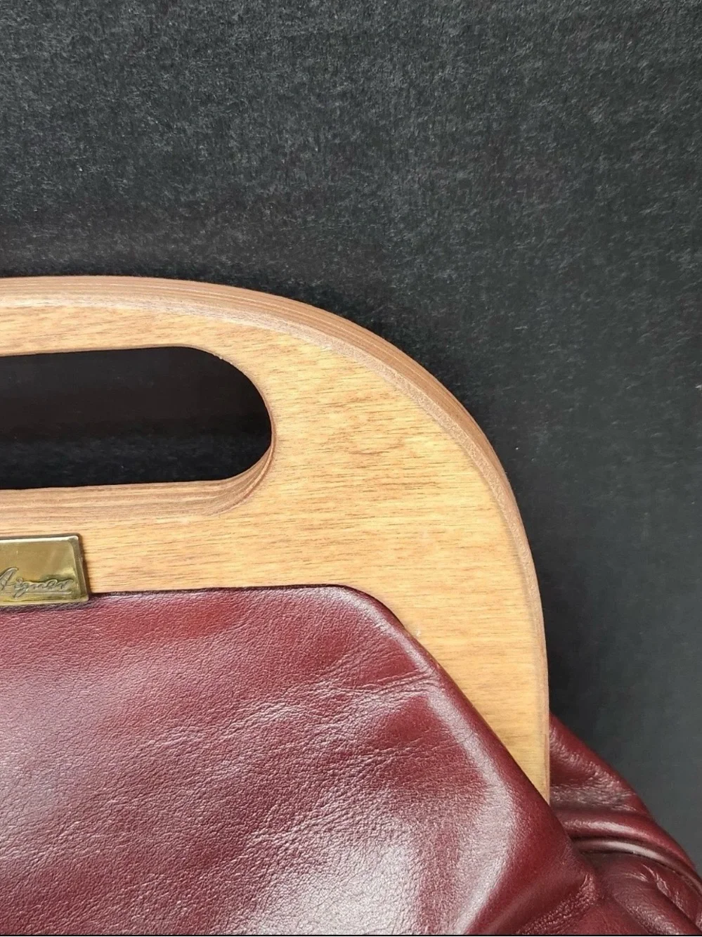 Vintage Leather Tote Bag with Wooden Handle - Oxblood